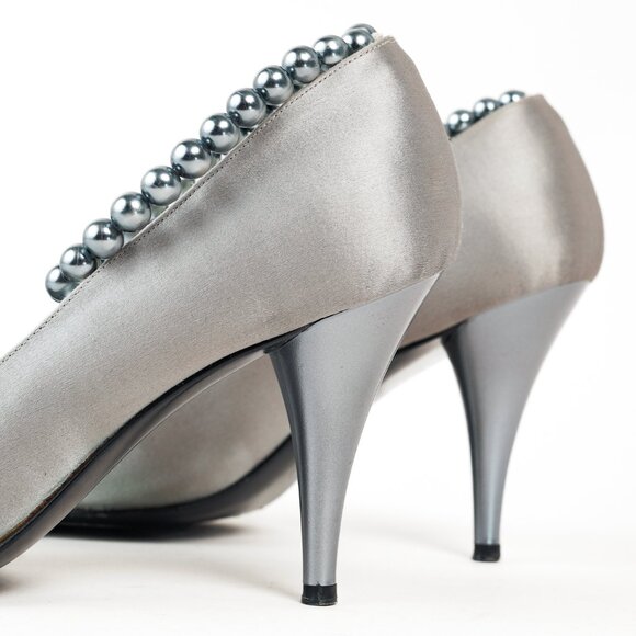 Chanel Grey Pearl Ankle Satin Pumps - Picture 8 of 9
